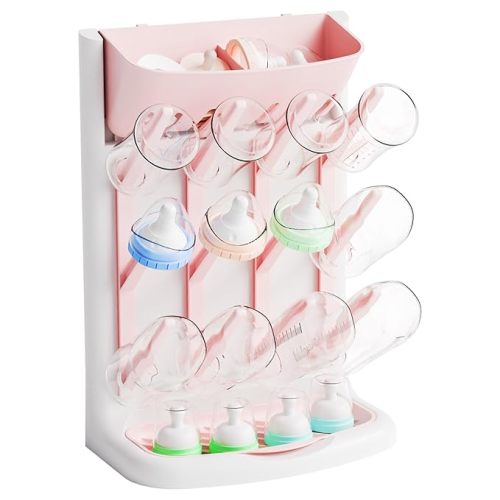 Yieach Larger Vertical Baby Bottle Drying Rack - BPA Free - Space Saving Feeding Bottles Drying Rack Holder for Countertop,Baby Bottle Holder Storage Station for Pacifiers,Pump Accessories Stand,Pink