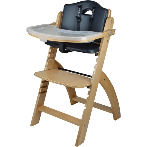 Abiie Beyond Junior Wooden High Chair with Tray - Convertible Baby Highchair - Adjustable High Chair for Babies/Toddlers/6 Months up to 250 Lbs - Stain & Water Resistant Natural Wood/Black Cushion