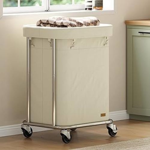 Laundry Basket with Wheels 150L/40Gal, Rolling Laundry Hamper with Steel Fram and Removable Washing Bag,Laundry Sorter Cart for Laundry Room,Hotel,Dorm,Cream and Silver