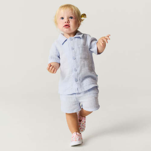 Halogen Blue Cotton Crinkle Button Down Short Set