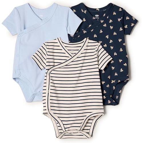 Amazon Essentials x Sofia Grainge Unisex Babies' Side Snap Short Sleeve Bodysuit, Pack of 3, Light Blue/Bunnies/Stripe, 0-3 Months