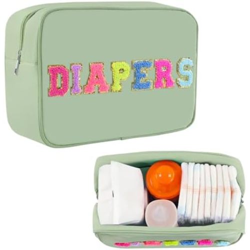 Small Diaper Bag, Chenille Letter Diaper Caddy Organizer Pouch Newborn Baby Essentials Must Haves for Nursery Changing Table, Sage Green Waterproof Diaper Pail Baby Shower Gifts for Mom To Be
