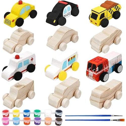 WANTKA 12 Pieces Unfinished Wooden Cars Wood DIY Car Toys Wood Crafts Painting Crafts Kit for Student Easy Woodworking Set Family Activities Arts and Crafts Kit for Kids