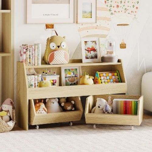 Petrimins Kids Bookshelf and Toy Organizer, 40" Wooden Storage Bookcase, Decorative Bookshelf, Toy Storage Cabinet with Wheels - Oka Wood