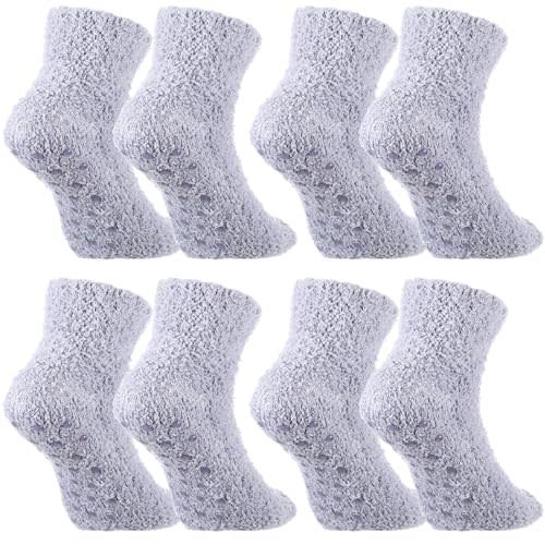 Foaincore 4 Pack Non Slip Hospital Socks for Women Men Non Slip Ankle Fuzzy Socks Thick Warm Festival Gifts