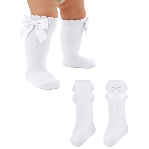 Baby Toddler Girls Knee High Socks with Bows, Long Stockings | Knee-High Length, Bow Detail, Long Stocking Style, Baby Girl Design, Newborn to Toddler Sizing