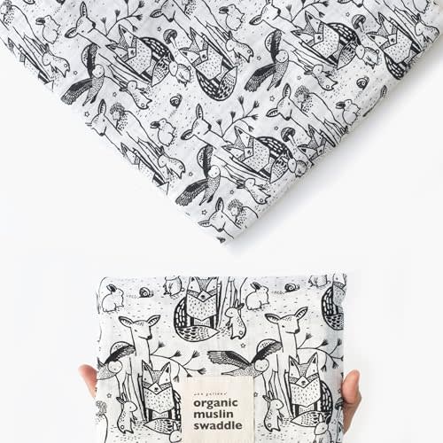 Wee Gallery, Organic Muslin Swaddle - Forest - Woodland Animals Design, Black and White for Baby Visual Development, Quality Cotton Swaddling or Receiving Blanket