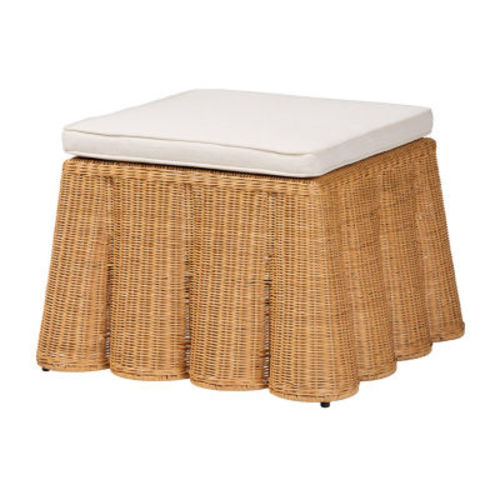 Palm Scalloped Rattan Ottoman in Light Honey with Removable Cushion