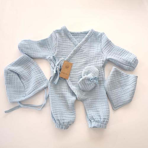 Blue Muslin Newborn Outfit: 4-Piece Kimono Set