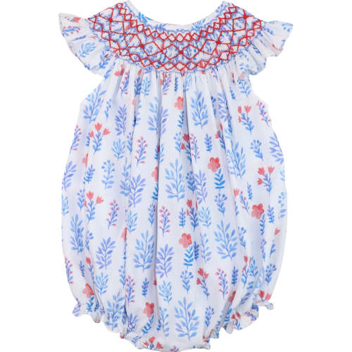 Blue And Red Floral Smocked Bubble