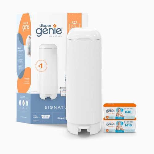 Diaper Genie Signature Diaper Pail Gift Set with 48 Refill Bags - White, Unscented
