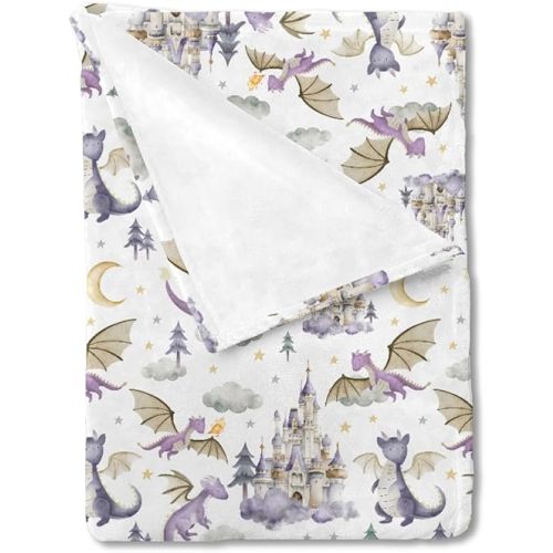 HawSkgFub Cute Dragon Fairy Tale Baby Blanket Girl Shower Gift, Purple Castle Cloud Moon Star Flannel Fleece Nursery Bed Receiving Swaddle, Soft Lightweight Newborn Infant Toddler Crib Bedding 30 x 40