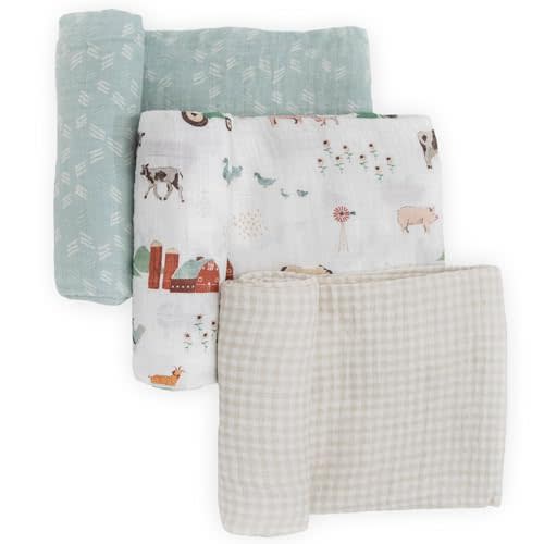 Little Unicorn Premium Muslin Swaddle Blanket 3 Pack | for swaddling, Play, Nursing & More | Giftable Set of 3 (Farmyard)