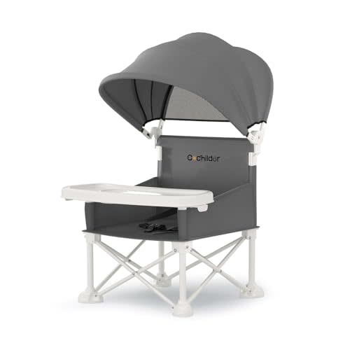 Cochildor 4-in-1 Portable Baby Chair, Foldable Toddler Booster Seat with Removable Tray, Canopy & Safety Harness, Gray