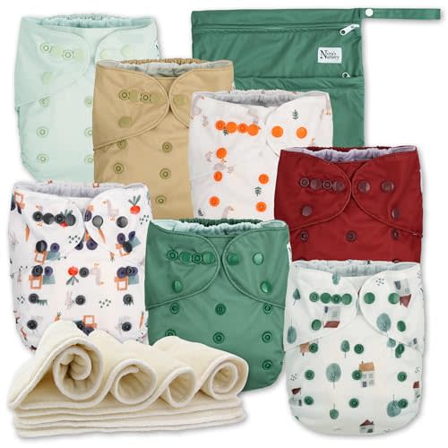 Nora's Nursery AWJ Cloth Diapers 7 Pack with 1 Wet Bag - Waterproof Cover, Washable, Reusable & One Size Adjustable Pocket Diapers for Newborns and Toddlers - On The Farm