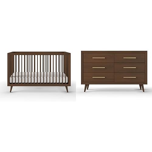 Child Craft Cranbrook Design 4-in-1 Convertible Baby Crib Nursery Furniture Set, Baby Bed and 6 Drawers Double Dresser, for Babies, Toddlers and Kids Bedroom (2 Piece - Toasted Chestnut)