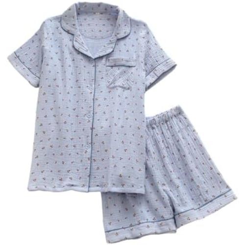Womens Cute Pajama Set Short Sleeve Button Up Shirt and Shorts 2 Piece Cotton Pj Sets