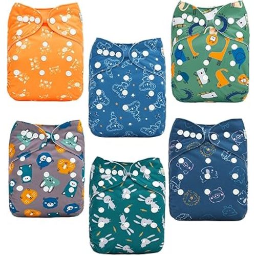 ALVABABY Baby Cloth Diapers 6 Pack with 12 Inserts Cloth Diaper Covers Adjustable Washable Reusable for Baby Girls and Boys 6DM121A