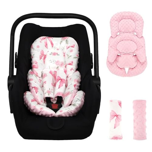 Infant Car Seat Insert Girls, Soft Car Seat Head Support Baby & 2 Strap Pads, Preemie Newborn Carseat Insert Reversible Fits for Stroller, Baby Swing, Rocker, Bassinets, Bouncer, Pink Rose