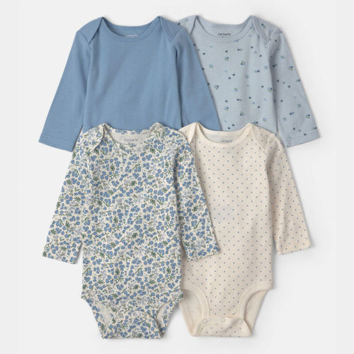 Baby Girl 4-Pack Blueberry Floral Long-Sleeve Bodysuits - Blue | Carter’s Oshkosh Canada