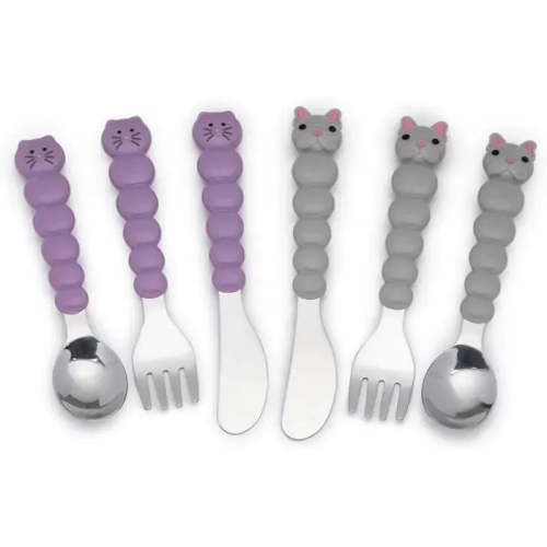 Melii - 6Pk Toddler & Kid Feeding Spoon Fork & Knife Set, Cat & Bulldog