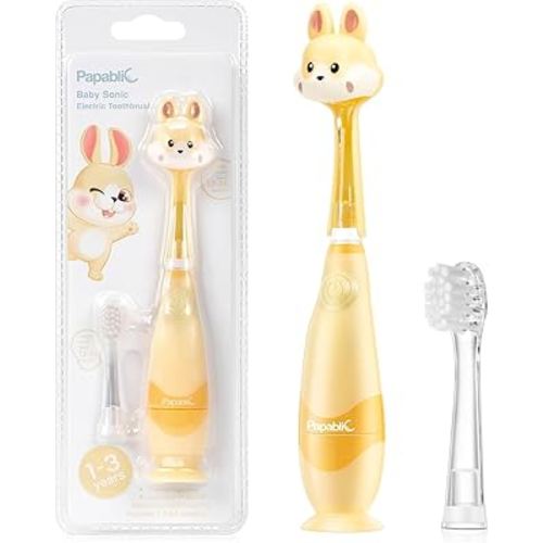 Papablic Toddler Sonic Electric Toothbrush Kids for Ages 1-3 Years, Baby Electric Toothbrush with Cute Rabbit Cover and Smart LED Timer, 2 Brush Heads (Bunny)