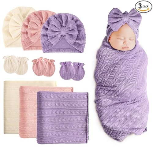 BQUBO Newborn Receiving Blanket Hat Mittens Set for Baby, Unisex Baby Boys Girls Essentials, Newborn Registry Must Haves, Stroller Crib Shower Gifts