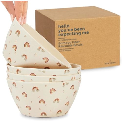 Nook Theory 4 Pack Bamboo Bowls - 22 Oz Reusable Bowl, Dishwasher Safe - Not Microwavable Bamboo Dishes (Rainbow)