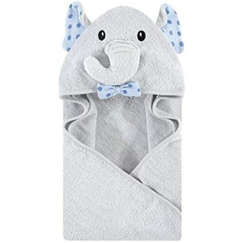 Hudson Baby Unisex Baby Cotton Animal Face Hooded Towel, Blue Dots Gray Elephant, One Size