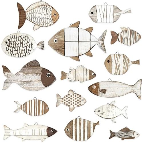 Spiareal 15 Pcs Fish Wall Decor Wooden School of Fish Wall Art Nautical Decor Vintage Hanging Coastal Fishing Sculpture Ocean Theme Ornaments Gifts for Lake House Bathroom Bedroom(Rustic)
