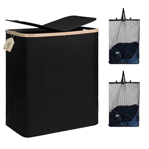DOKEHOM 160L Double Laundry Basket with Removable Lid and Laundry Bags, Large Collapsible Laundry Hamper with 2 Sections (Black)