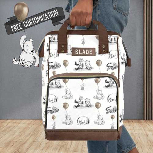 Custom Diaper Bag Backpack Winnie the Pooh Baby Bag with Personalized Name Gift for Baby Girl Boy Pooh Bear Balloons Baby Shower Gift Idea