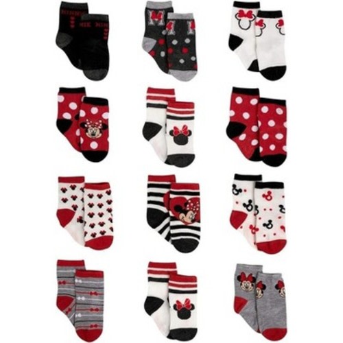 Disney Baby Girl 12 Pack Socks, Newborn Essentials for Girls (0-24M), Color: Minnie mouse black/red, Size: 12-24 months