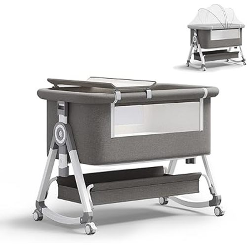 PandaEar Foldable Baby Bassinet Bedside Sleeper, Portable Crib with Wheels & Diaper Changing Table, Adjustable Height Infant Bed, Co-Sleeper for Newborns, Breathable Mesh