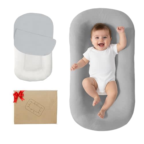 Lucakuins Baby Lounger, Bionic Design Baby Lounger for Newborn 0-24 Months, Soft Organic Cotton Breathable Lounger for Infants (Grey Newborn Lounger)