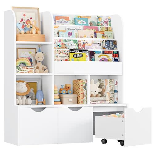FOTOSOK 47'' Kids Bookcase and Bookshelf, Multifunctional Bookcase with 5 Storage Cubbies and 3 Movable Drawers, Toy Storager Display Stand, Toy Storage Organizer for Bedroom, Playroom, Hallway, White