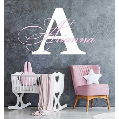 Decor Designs Decals Fancy Girls Personalized Custom Name Vinyl Wall Art Decal Sticker, Nursery Bedroom Baby Decor, Multiple Font and Color, (Multiple Size Choices) (Name with Initial)