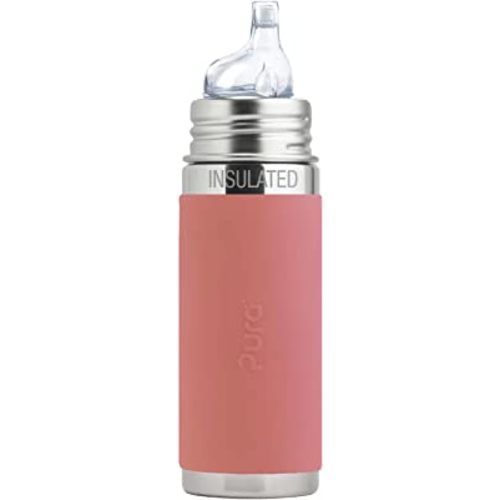 Pura Kiki 9oz/260ml Stainless Steel Insulated Sippy Bottle w/Sleeve, Plastic-Free, MadeSafe Certified, Medical-Grade Silicone Sipper Spout Fast Flow for Kids, Toddlers, Babies & Infant – Rose