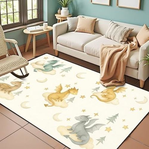 Dragon Baby Animals Watercolor Seamless Area Rug Outdoor Patio Rug Play Mat Modern Floor Carpet Non-Slip Home Decor Living Room Kids Bedroom Nursery, 3x5 ft