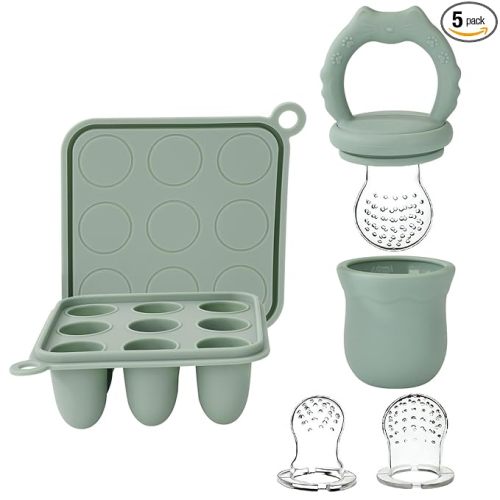 Socub Silicone Baby Fruit Food Feeder & Baby Food Freezer Tray Set, milk Popsicle Molds for Baby Teething Relief, Baby Food Pacifier Feeder for Self Feeding, Include 3 Sizes Food Pouch (Sage)