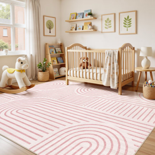 Bungalow Rose Machine Washable Rainbow Striped Rug, Modern Farmhouse Decor, Soft Non-Slip Carpet for Bedroom, Nursery, and Living Room | Wayfair