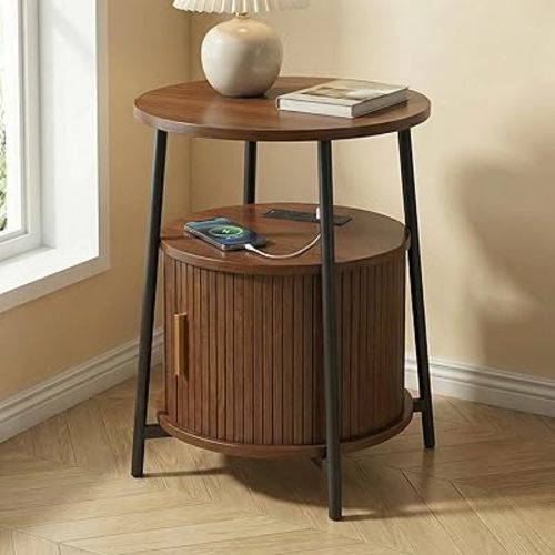 Round End Tables with Drawer: Fluted Side Table with Charging Station, Mid-Century Modern Nightstand with Sliding Door for Small Space Storage, Living Room, Bedroom