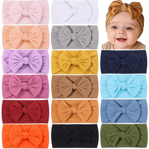 ALinmo 16PCS Baby Nylon Headbands Hairbands Hair Bow Elastics for Baby Girls Newborn Infant Toddlers Kids Colorful
