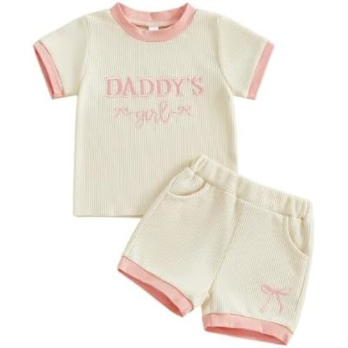 Baby Girl Summer Outfit Daddy's Girl Waffle Knit Short Sleeve Top Shorts Set Cute Baby Girl Clothes 3M-3T