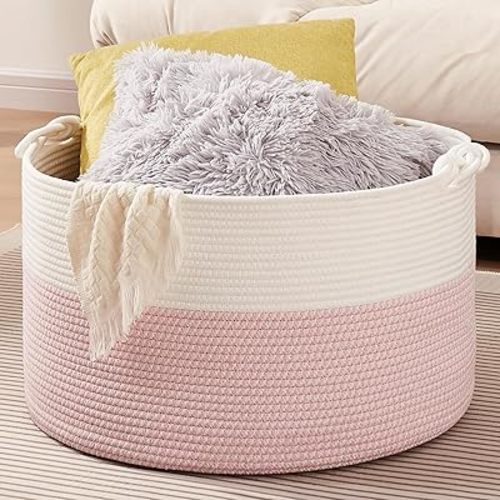 Large Blanket Storage Basket for Living Room, 22.8" x 22.8" x 13" Woven Cotton Rope Basket with Handles, Baby Toy Storage, Laundry Hamper for Clothes, Pillows, Towels-Pink and White