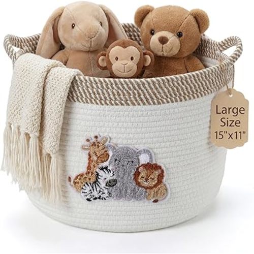 Domensi Woodland Animal Storage Baskets Large 15"x11" Woven Baby Toy Baskets with Embroidered Appliqué Baby Laundry Basket for Nursery Gift Toy Organizer Laundry Hamper Diaper Towel