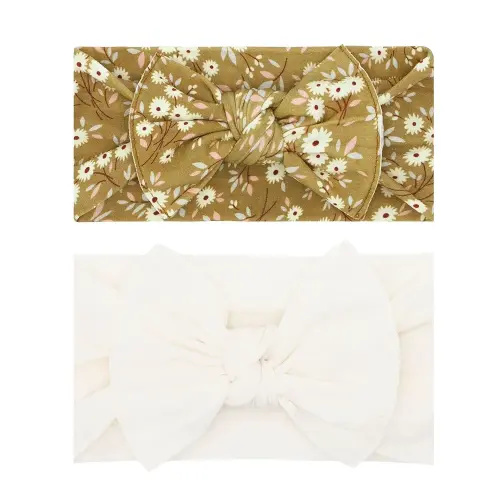 Baby Bling Bows - Newborn to Little Baby Girl Bows, 2PK PRINT SOLID KNOTS Nylon Super Soft Stretchy Toddler Headbands, Perfect Hair Accessories Head Bands for Infant Kids (Ginger & Ivory)