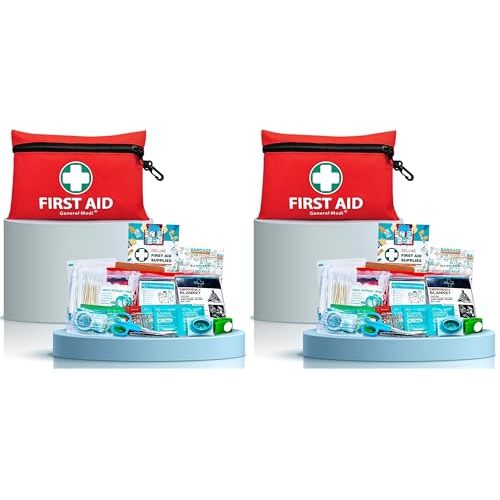 General Medi Mini First Aid Kit, 110 Piece Small First Aid Kit - Includes Emergency Foil Blanket, Scissors for Travel, Home, Office, Vehicle, Camping, Workplace & Outdoor (Red) (Pack of 2)