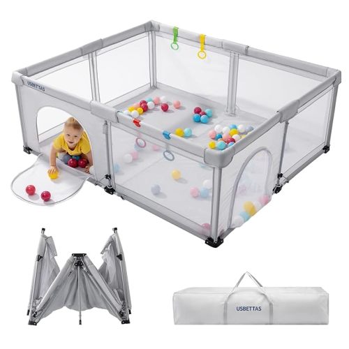 Foldable Baby Playpen, 1-Minute Setup, Lightweight Portable Playpen with Carry Bag, 59"x71" Indoor Outdoor Safty Play Yard for Babies & Toddlers,Light Gray