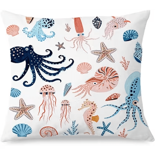 Under the Sea Ocean Nursery Pillow Cover 18x18, Coastal Beach Starfish Jellyfish Octopus Sea Life Decorative Throw Pillow Cover for Classroom Nursery Kids Room Playroom Home